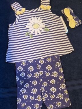 Little Lass 4 PC Daisy Stripe Tank & Shorts/Navy Shorts/Yellow Tank Headband 3T